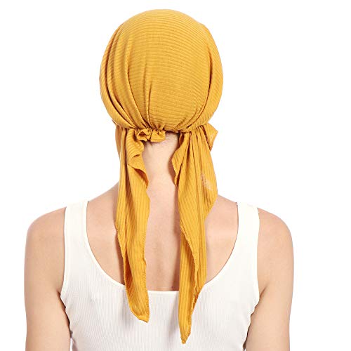 Instant Hijab Solid Beaded Long Tail Turban Wrap Cap Soft Stretchy Breathable Muslim Hair Baseball Hat - color: 08#_yellow