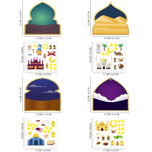 Eid Stickers Kit, 36 Pcs Eid al-Fitr Craft Supplies Set with 12 Stickers, 12 Cards & 12 Ribbons for Ramadan Greeting Cards, Gift Decorating