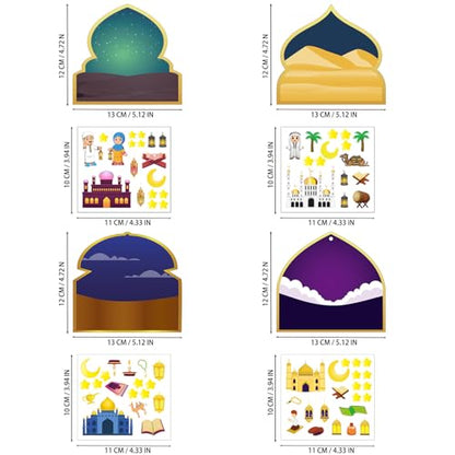 Eid Stickers Kit, 36 Pcs Eid al-Fitr Craft Supplies Set with 12 Stickers, 12 Cards & 12 Ribbons for Ramadan Greeting Cards, Gift Decorating