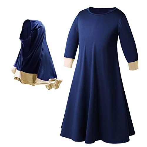 Toddler Girls Muslim Dress Abaya with Hijab Prayer Clothes Arab Solid Islamic Robe Kids Ramadan Long Skirt LDS Temple Dresses - color: A-blue, size: 18-24 Months