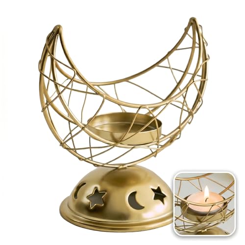 Moon Candle Holder - Ramadan Decorations for Table, Crescent Moon Stand - Gold Metal