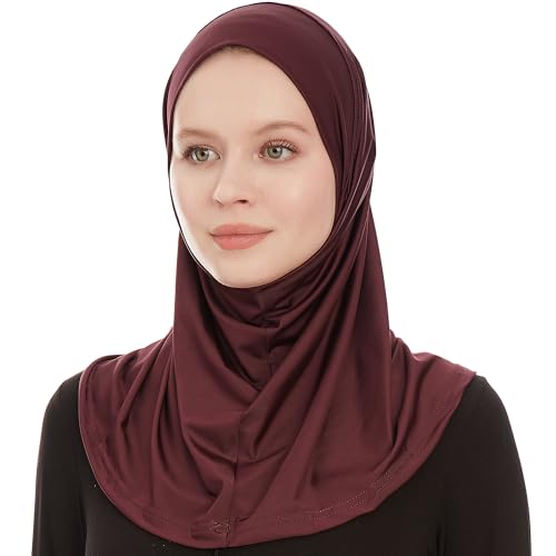 Plain Ready To Wear Amira Hijab for Women - Muslim Instant Amira Jersey Scarf – Soft Muslim One Piece Instant Hijab Headscarf - color: Plum