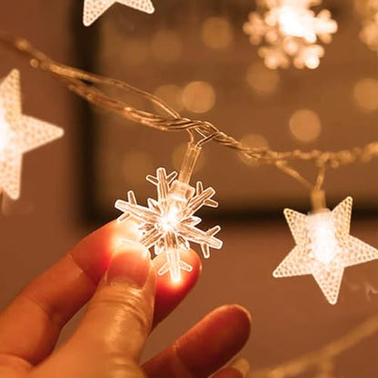 New Year Stars and Snowflakes Hanging String Lights, 20 LED Durable Warm Yellow Fairy Lights,Winter Birthday Mubarak Ramadan Kareem Patio Wedding Party Window Wall Indoor Outdoor Xmas Tree Decorations