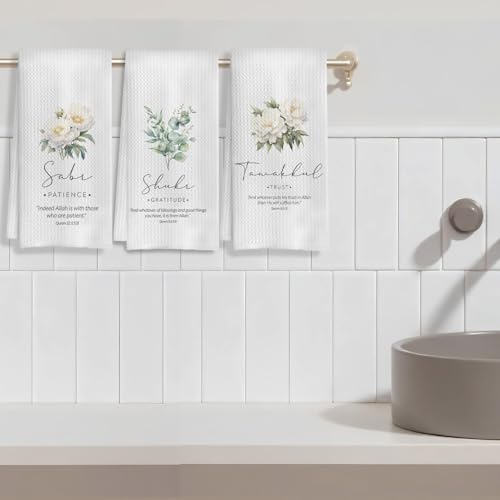 Islamic Botanical Kitchen Towels, Islamic Muslim Gifts for Women Dish Tea Towels for Kitchen Decor, Religious Floral Botanical Hand Towel for Bathroom Decor, 16x24 Inches Set of 3