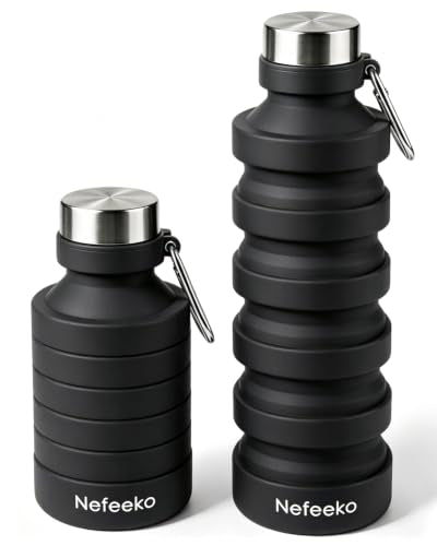 Nefeeko Collapsible Water Bottle, 27oz Reuseable BPA Free Silicone Foldable Portable Leak Proof Sports Water Bottle with Carabiner for Travel Gym Camping Hiking - color: Black-27oz