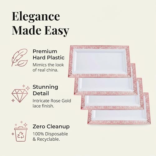 Yumchikel-Plastic Serving Tray & Platter Set (4pk) White & Rose Gold Lace Disposable Party Trays & Platters for Food - Weddings, Dessert Table, Cupcake Display -14"x7.5" inches - color: White Rose Gold Lace, size: 4 Pack