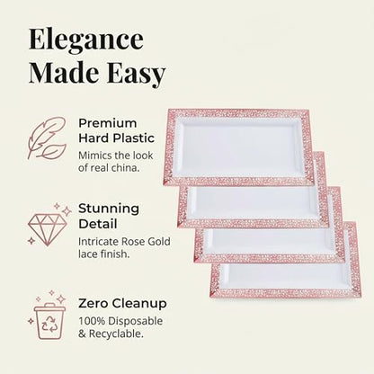 Yumchikel-Plastic Serving Tray & Platter Set (4pk) White & Rose Gold Lace Disposable Party Trays & Platters for Food - Weddings, Dessert Table, Cupcake Display -14"x7.5" inches - color: White Rose Gold Lace, size: 4 Pack
