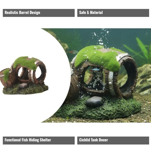 Aquarium Decor Resin Wine Barrel Cave for Fish and Shrimp - Realistic Simulation Barrel Tank Hiding Place for Cichlids, Shrimp, Small Fish