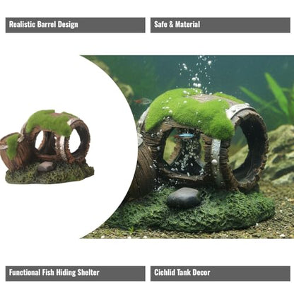Aquarium Decor Resin Wine Barrel Cave for Fish and Shrimp - Realistic Simulation Barrel Tank Hiding Place for Cichlids, Shrimp, Small Fish