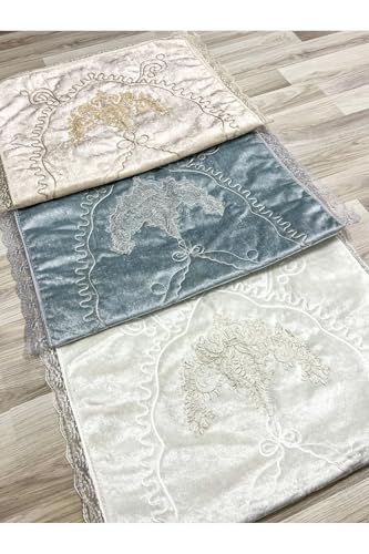 SODEF 3 Piece Velvet Prayer Rug Set 27.6 x 47.2 in French Guipure Lace Trimmed - Overlocked Edges for Modern Elegance - Appropriate for Bridal Trousseau and Gifts - Krem*Gri*Bej, 28x47 inch