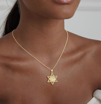 Gold Initial Necklaces for Women Dainty Pendant Letter Necklace 14K Gold Plated Jewish Star of David Religious Jewelry Personalized Gift Non Tarnish Waterproof 16.5-18.5 Inches - style: Initial D