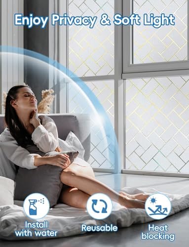 Frosted Glass Window Film Sun Blocking Window Tinting Film for Home, Static Clings Removable Frosting Bathroom Door Window Covering, 17.5 inch x 78.74 inch, White-Grid - size: 17.5 inch x 78.74 inch