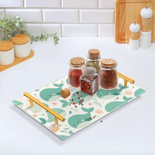 Bathroom Vanity Tray Counter Organizer, Turquoise Whales and Small Fish Pattern Decorative Tray with Handles Countertop Storage for Bathroom Bedroom Kitchen Home Farmhouse