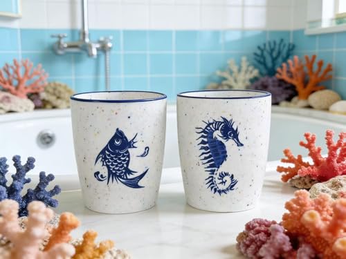 2PCS-Artistic Bathroom Toothbrush Holder and Tumbler Set with Navy Blue Fish Design