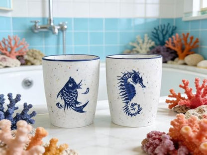 2PCS-Artistic Bathroom Toothbrush Holder and Tumbler Set with Navy Blue Fish Design
