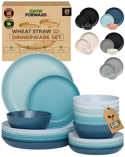 Grow Forward 24-piece Premium Wheat Straw Dinnerware Sets for 8 - Unbreakable Dishwasher & Microwave Safe Plastic Plates and Bowls Sets - Patio, Outdoors, RV, Camping Dishes - Seascape - color: Seascape