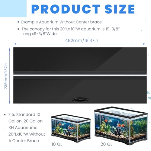 Sieral Aquarium Lids Polycarbonate Canopy with LED Light Without Center Brace Aquariums Cover Fish Tank Lid with a Hook Knife(Black,20x10in) - color: Black, size: 20x10in