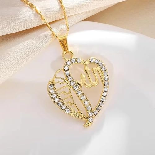 Exquisite Shining Zircon Love Heart Islamic Muslim Quran Allah Pendant Necklace for Women Fashion Hip Hop Ramadhan Jewelry