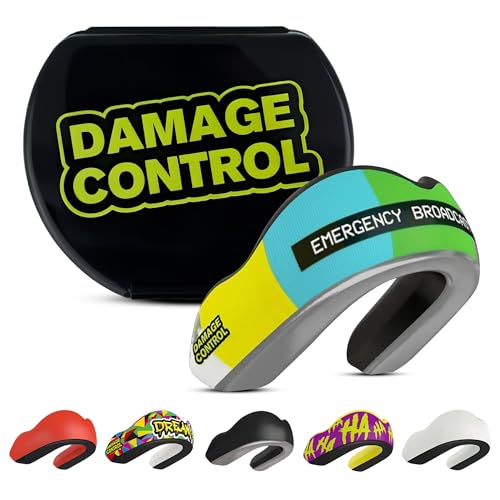 DAMAGE CONTROL Extreme Impact Sports Mouth Guard – Emergency Broadcast | Adult – Boil & Bite Fit, Shock-Absorbing Pads, Ventilated Case – MMA, Boxing, Hockey, Football, Rugby, Lacrosse & BJJ - color: Emergency Broadcast System, size: Adult