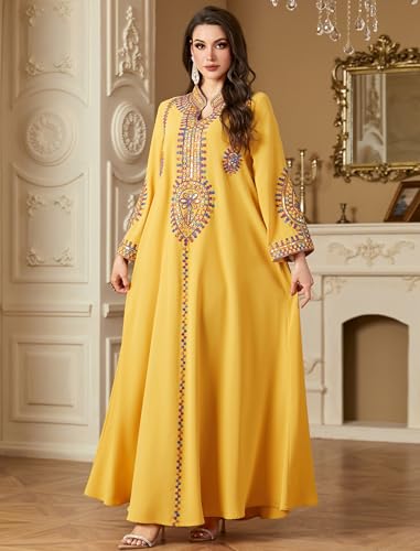 ABEWIP Muslim Dresses for Women Ramadan Kimono Long Sleeve Embroidered Islamic Prayer Dress Turkey Dubai Eid Abaya Kaftan - color: Yellow, size: Medium
