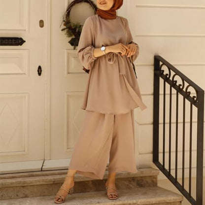 IWEMEK Abayas for Women Muslim Long Sleeve Loose Top Pants 2 Pcs Eid Ramadan Outfits Casual Islamic Muslim Clothes with Belt - color: Khaki, size: X-Large