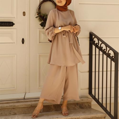 IWEMEK Abayas for Women Muslim Long Sleeve Loose Top Pants 2 Pcs Eid Ramadan Outfits Casual Islamic Muslim Clothes with Belt - color: Khaki, size: XX-Large