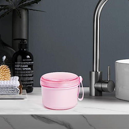 Denture Bath Case Cup Box Holder Storage Soak Container with Strainer Basket for Home or Travel Denture Cleaning (pink) - color: pink