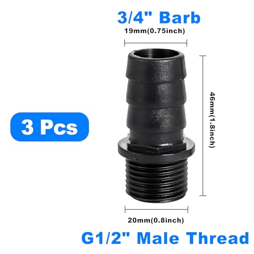 Hose Barb Fitting 3/4" Barb x G1/2" Male Thread Adapter (3 Pack), Plastic BSP Barb to Male Connector for Submersible Pump, Pond, Aquarium, Irrigation, Hydroponics