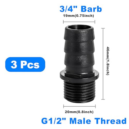 Hose Barb Fitting 3/4" Barb x G1/2" Male Thread Adapter (3 Pack), Plastic BSP Barb to Male Connector for Submersible Pump, Pond, Aquarium, Irrigation, Hydroponics