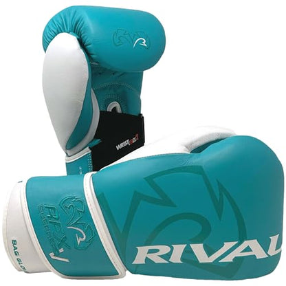 RIVAL Boxing RFX-Guerrero-V Bag Gloves, Multi-Layered Inner Foam Padding (HDEF), Premium Leather, Wrist Lock 2 System - color: Teal/White, size: 8 oz.