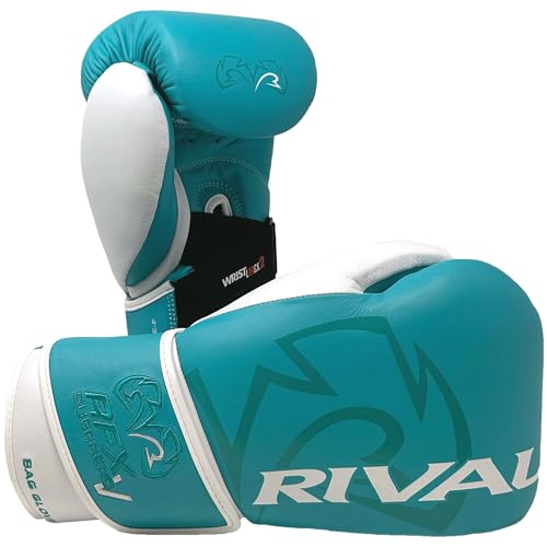 RIVAL Boxing RFX-Guerrero-V Bag Gloves, Multi-Layered Inner Foam Padding (HDEF), Premium Leather, Wrist Lock 2 System - color: Teal/White, size: 10 oz.