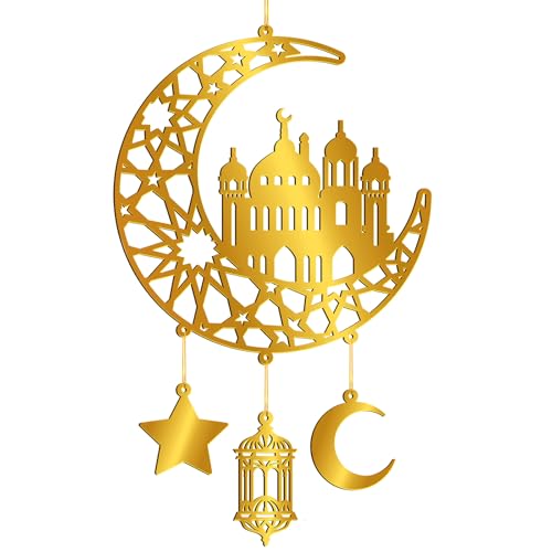Ramadan Decoration for Home Acrylic Ramadan Door Wreath Ramadan Mubarak Islamic Wall Decor Hollow Moon and Star Front Door Wall Signs, Muslim Sign Eid Mubarak Kareem Ornaments Hanging for Home Party - color: House