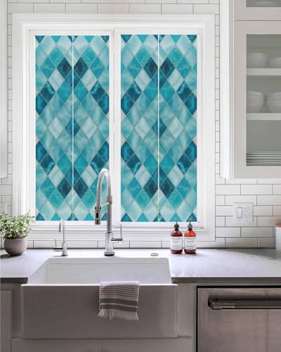 Window Privacy Film Teal Blue Diamond Window Clings for Glass Windows Modern Geometric Lines Windows Film Static Cling Frosted Windows Sticker Covering for Bathroom Living Room Office 17.7"x39.3" - size: 17.7"x39.3"