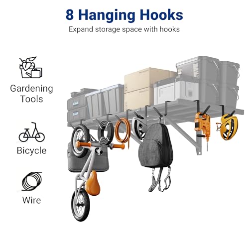 FLEXIMOUNTS 2x4ft Garage Wall Shelving, 2-Pack Heavy Duty Garage Shelving Wall Mounted with 8 Hooks, 400lbs Capacity, Storage for Power Tools, Garden Supplies, Storage Bins, Lite Series - size: 2pack 2x4ft w/ 8 hooks-400lbs