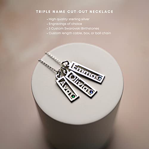 AJ's Collection Personalized Rectangle Triple Open Name Sterling Silver Necklace With Birthstone Setting, Customize a Name Charm, Sterling Silver Cable Chain, Gift For All, Makes Great Birthday Gift - style: 20" Ball Chain