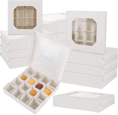 Lotusland 20PCS Empty Sweet Boxes with Window and Divider,White Cake Boxes with 16 Compartments, Treat Cookie Boxes Dessert Containers Boxes for Chocolate Cookie Candy