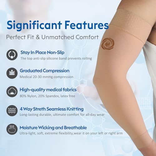 NURCOM Compression Arm Sleeve, 20-30 mmHg, No Silicone, Beige L - color: Beige(non Silicone), size: Large(2 Pack)