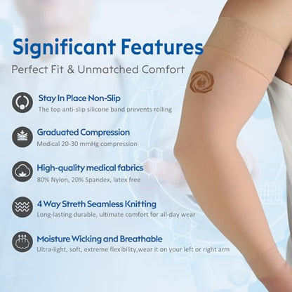 NURCOM Compression Arm Sleeve, 20-30 mmHg, No Silicone, Beige L - color: Beige(non Silicone), size: Large(2 Pack)