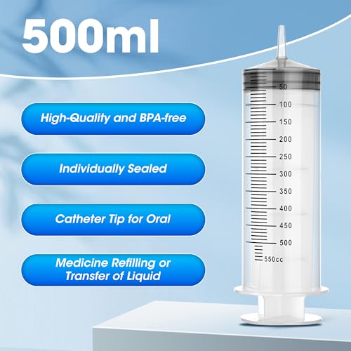 500ml Large Syringe Without Needle, Thick Liquid Transfer Syringe, 3 Pack | Individually wrapped syringes with smooth plunger movement for controlled dispensing and easy transfer of thick liquids - style: 500 mL