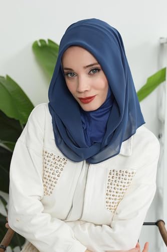 Aisha's Design Pre-tied Cotton-Chiffon Scarf for Women Practical Veil Instant Scarf Hijab Stylish Design - color: Dark Blue