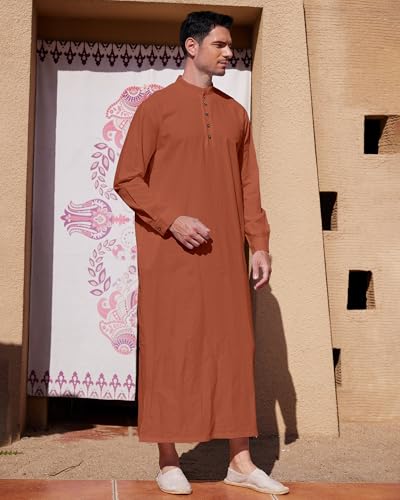 YAOHUOLE Muslim Thobe for Men Button down Mens Caftans Big and Tall Mens Arab Thobe with Pocket - color: Brick Red, size: 3X-Large