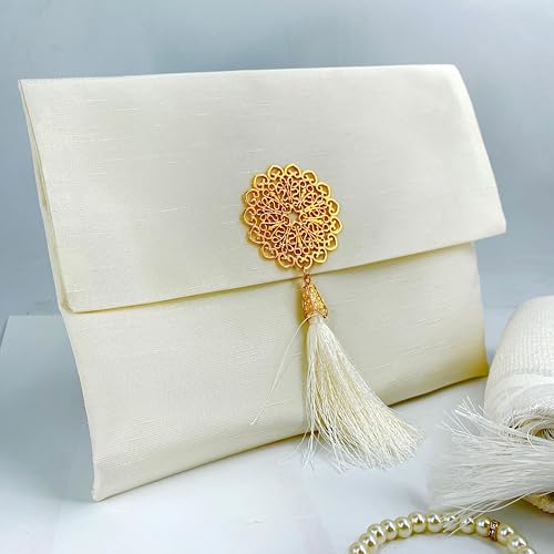 BABY SHOWER CHOCOLATE Muslim Prayer Rug and Tasbeeh Set with Portable Premium Shantung Bag – Soft Janamaz Sajadah for Men & Women – Islamic Gift for Ramadan, Eid, Hajj, Umrah – Travel Prayer Mat - color: White