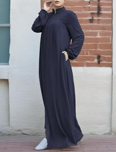Womens Abaya Muslim Long Sleeve Front Zipper Dress Prayer Islamic Clothes with Pockets - color: Blue, size: Medium