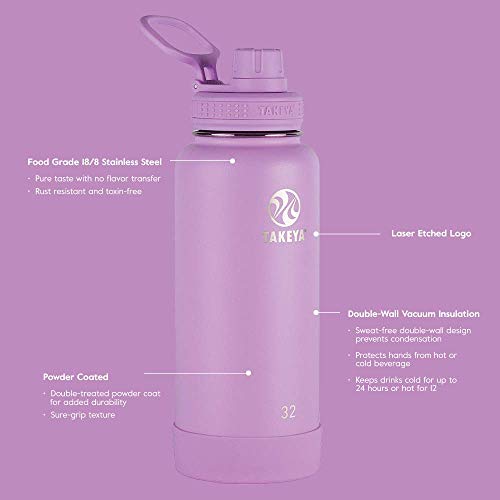 Takeya Actives Stainless Steel Water Bottle, Insulated Spout Lid, Keeps Drinks Cold 24 Hrs, Leakproof, Durable, Dishwasher Safe, Ideal for Gym, Travel, Fits Most Cup Holders, 24 oz/Lilac - color: Lilac, size: 24 Ounces