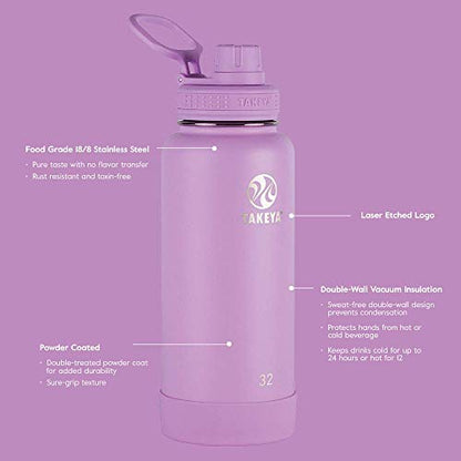 Takeya Actives Stainless Steel Water Bottle, Insulated Spout Lid, Keeps Drinks Cold 24 Hrs, Leakproof, Durable, Dishwasher Safe, Ideal for Gym, Travel, Fits Most Cup Holders, 24 oz/Lilac - color: Lilac, size: 24 Ounces