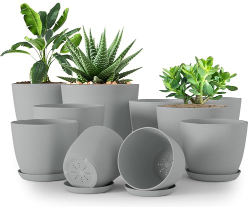 Plant Pots Indoor with Drainage, 10 Pack Multi-Size Planters Set, Grey | Drainage holes included Multiple sizes 7/6.6/6/5.3/4.8 In Indoor plants and flowers Durable plastic construction - color: Gray, size: Pack of 10