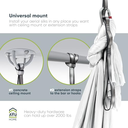 AyuHome Aerial Silks Kit for Home - Premium Yoga Swing for Adults with 660 lbs Capacity - Versatile Aerial Yoga Hammock for Gymnastics Training - color: Aerial silk - White - New