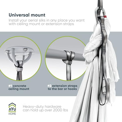 AyuHome Aerial Silks Kit for Home - Premium Yoga Swing for Adults with 660 lbs Capacity - Versatile Aerial Yoga Hammock for Gymnastics Training - color: Aerial silk - White - New