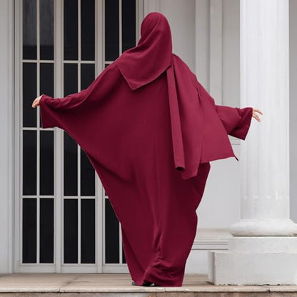 IDOPIP Abayas for Women Muslim Dress with Hijab, One-Piece Long Sleeve Islamic Prayer Dress with Khimar Jilbab Kaftan Clothes - color: Wine Red + Hijab