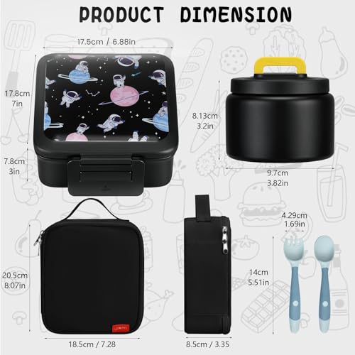 JXXM Bento Lunch Box for Kids With 8oz Soup Thermo,Leak-proof Lunch Containers with 5 Compartment,Thermo Food Jar and Lunch Bag, Food Containers for School (A-Black(Circumnavigate Space)) - color: A-Black(Circumnavigate Space)